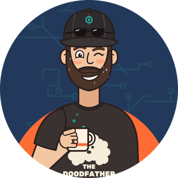 Cartoon avatar of Luke: black cap with shades, full beard, winking