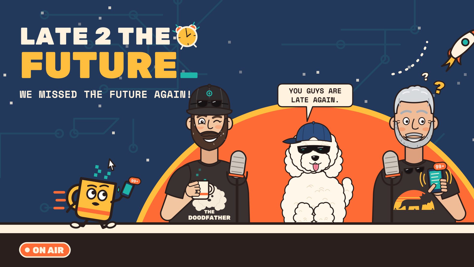 Cartoon of hosts Luke and David at their podcast mics with Lil Dood, a doodle dog in a cap and shades, and Mug the coffee mug running late.