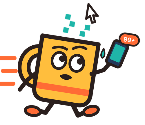 Mug, a cartoon coffee mug running with a phone